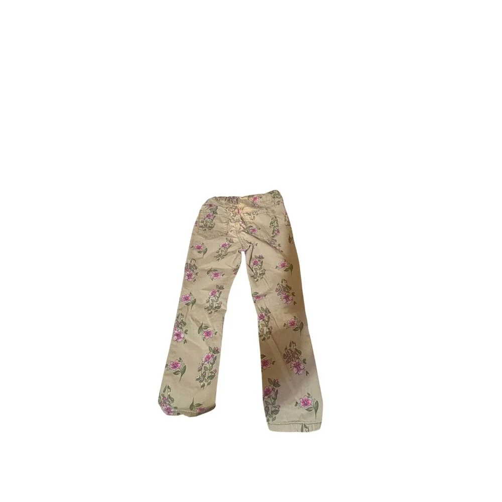 Vintage OshKosh Girls Khaki Floral Utility Pants Straight Leg Tan Pink Size 5
